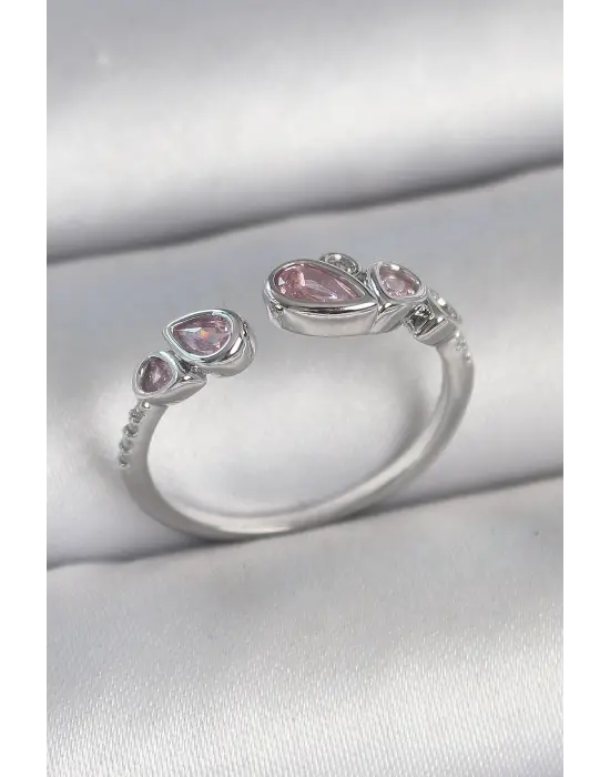 Pirinç Gümüş Renk Pembe Damla Zirkon Taşlı Ayarlanabilir Model Kadın Yüzük