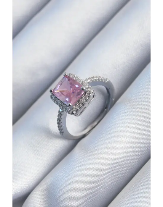  Gümüş Pembe Kare Zirkon Taşlı Çelik Yüzük