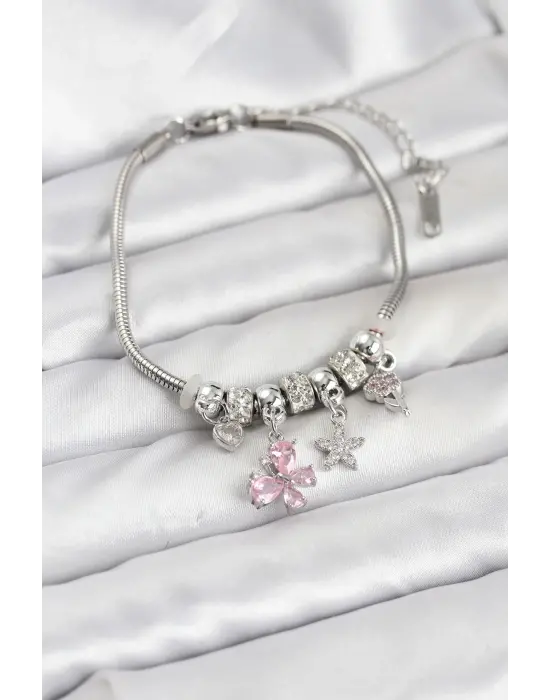 Çelik Gümüş Renk Pembe Kelebek Charmlı Kadın Bileklik