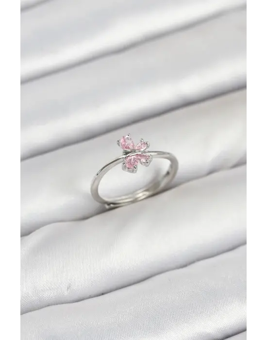Pirinç Gümüş Renk Pembe Kelebek Kadın Yüzük