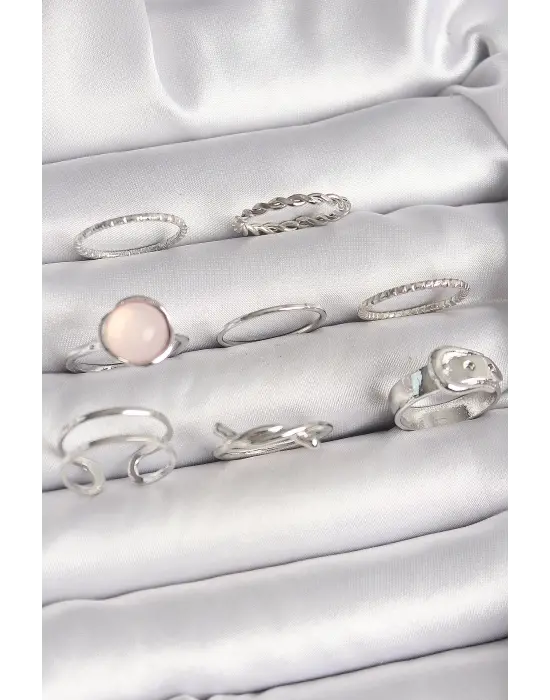 Pirinç Gümüş Renk Pembe Mineli Kemer Düğüm Figür Kadın Yüzük Kombini