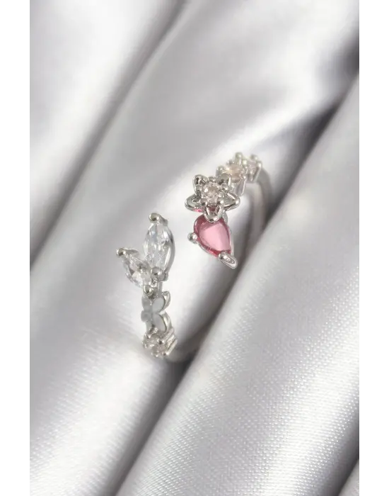  Gümüş Pembe Zirkon Taş Detay Yıldız Detay Çelik Yüzük