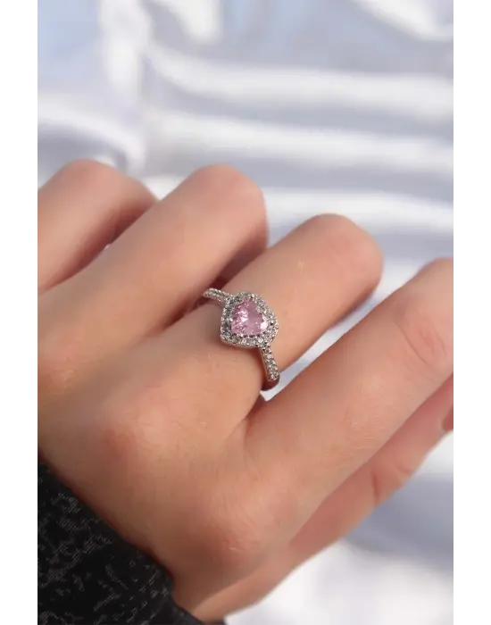  Gümüş Pembe Zirkon Taşlı Charm Model Ayarlanabilir Yüzük