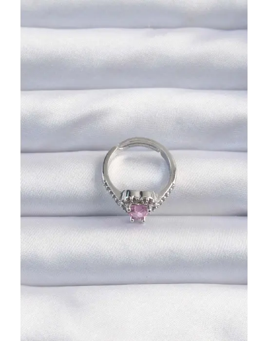  Gümüş Pembe Zirkon Taşlı Charm Model Ayarlanabilir Yüzük