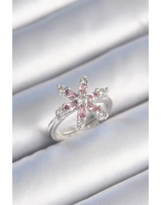  Gümüş Pembe Zirkon Taşlı Çiçek Model Çelik Yüzük