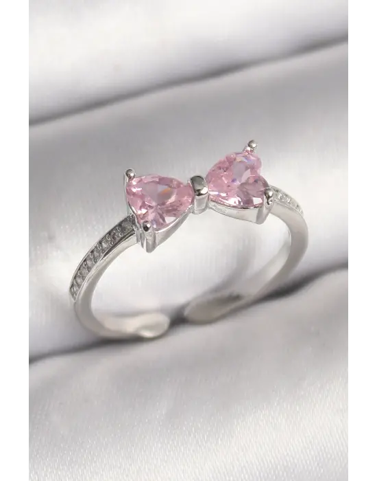  Gümüş Pembe Zirkon Taşlı Kalp Fiyonk Model Çelik Yüzük