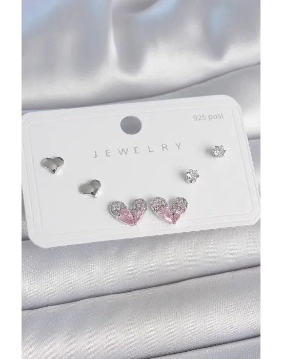 Pirinç Gümüş Renk Pembe Zirkon Taşlı Kalp Model 925 Ayar Gümüş Çivi Kadın Küpe Seti