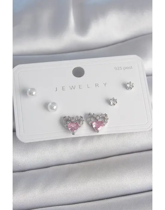 Pirinç Gümüş Renk Pembe Zirkon Taşlı Kalp Model İnci Detay 925 Ayar Gümüş Çivi Kadın Küpe Seti