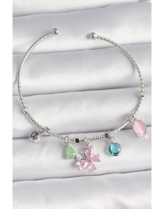 Pirinç Gümüş Renk Pembe Zirkon Taşlı Kelebek Figür Sallantı Detaylı Charm Kadın Bileklik