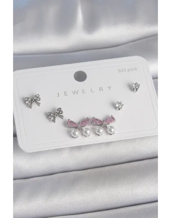 Pirinç Gümüş Renk Pembe Zirkon Taşlı Kurdele Model İnci Detay 925 Ayar Gümüş Çivi Kadın Küpe Seti