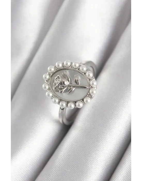  Gümüş Portre Gül Model İnci Detay Çelik Yüzük