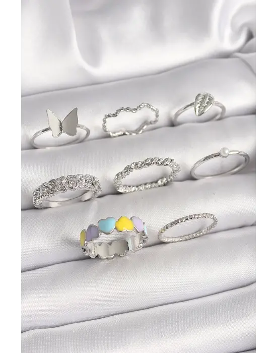 Pirinç Gümüş Renk Renkli Kalp Zirkon Taş Kelebek Detaylı Kadın Yüzük Kombini