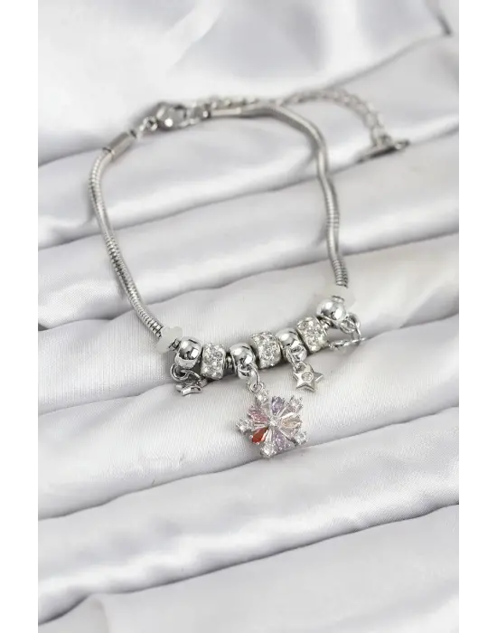 Çelik Gümüş Renk Renkli Yıldız Charmlı Kadın Bileklik