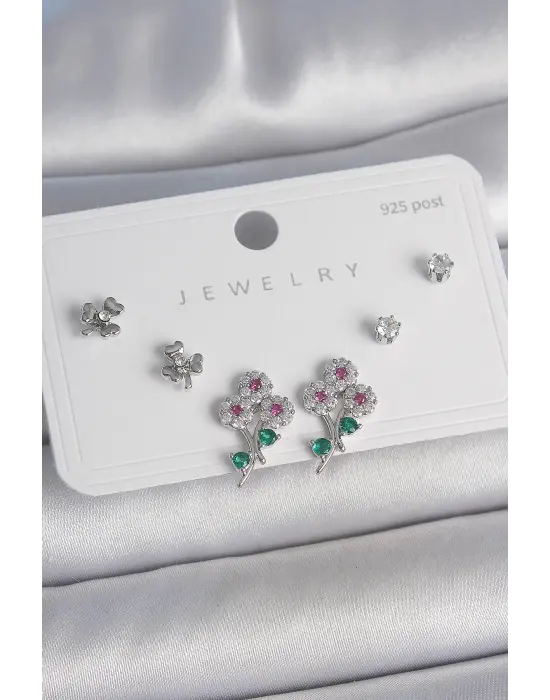 Pirinç Gümüş Renk Renkli Zirkon Taşlı Çiçek Model Yaprak Detay 925 Ayar Gümüş Çivi Kadın Küpe Seti