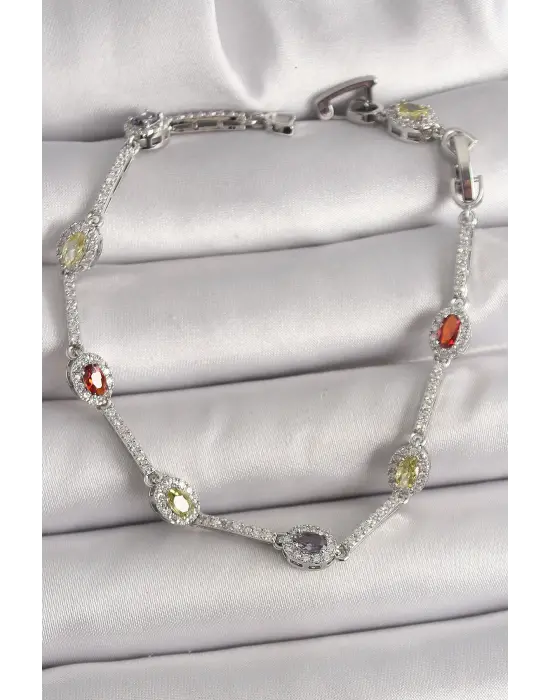 Pirinç Gümüş Renk Renkli Zirkon Taşlı Damla Taş Model Kadın Bileklik