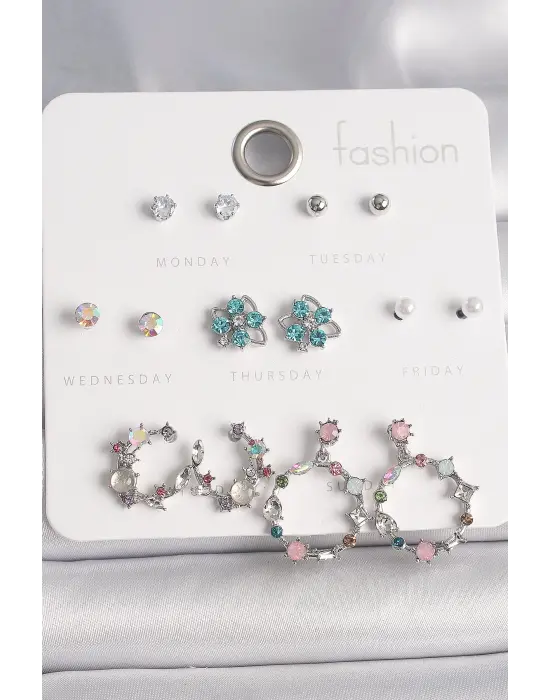  Gümüş Renkli Zirkon Taşlı Halka Figür Mavi Taşlı Çiçek Figür İnci Detay 7 Çift Çelik Küpe