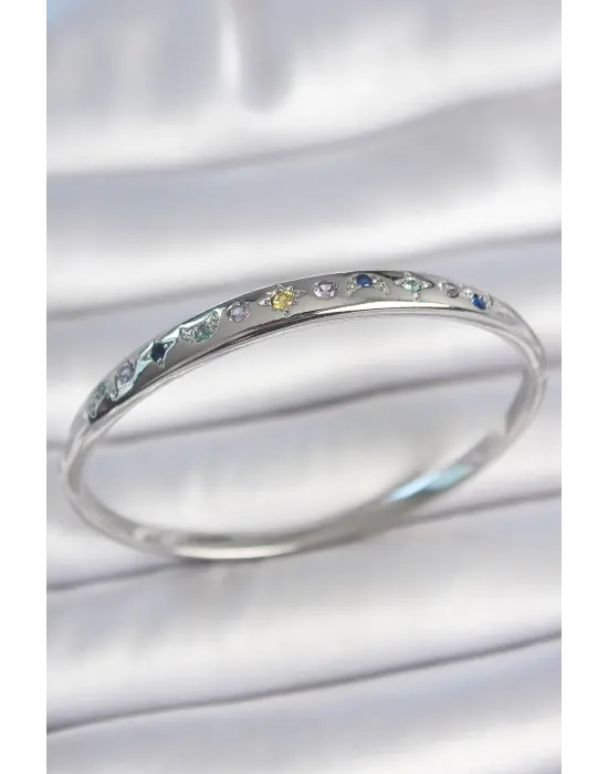 Pirinç Gümüş Renk Renkli Zirkon Taşlı Hilal Yıldız İşlemeli Kadın Kelepçe