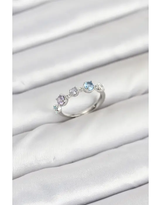 Pirinç Gümüş Renk Renkli Zirkon Taşlı Kadın Yüzük