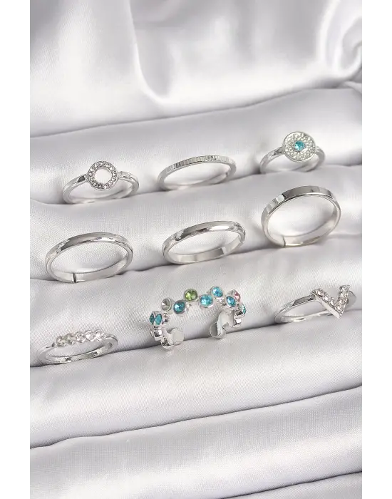 Pirinç Gümüş Renk Renkli Zirkon Taşlı Kadın Yüzük Kombini