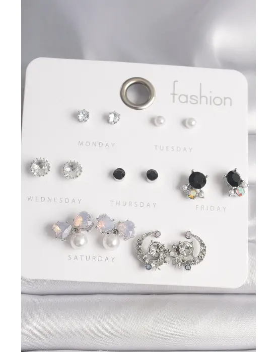  Gümüş Renkli Zirkon Taşlı Kurdela Model Hilal Figür 7 Çift Çelik Küpe Seti