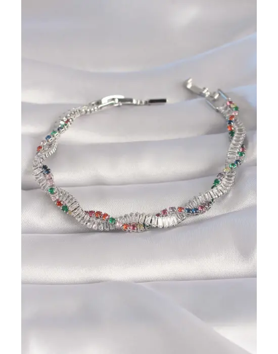 Pirinç Gümüş Renk Renkli Zirkon Taşlı Sarmal Model Kadın Bileklik