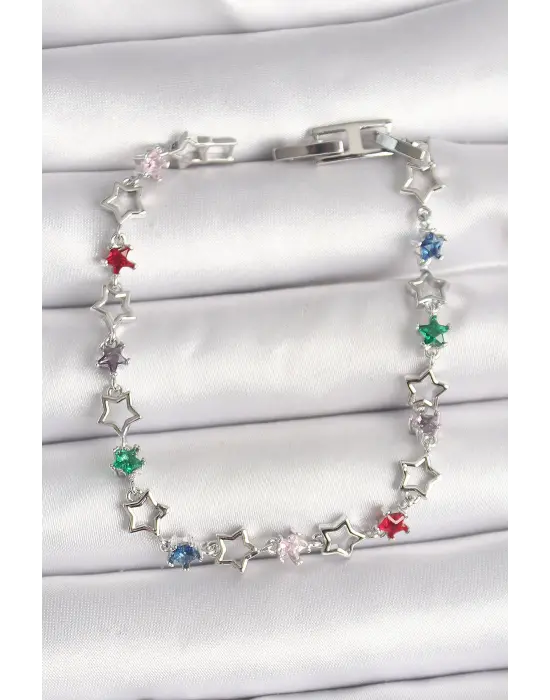 Pirinç Gümüş Renk Renkli Zirkon Taşlı Yıldız Model Kadın Bileklik