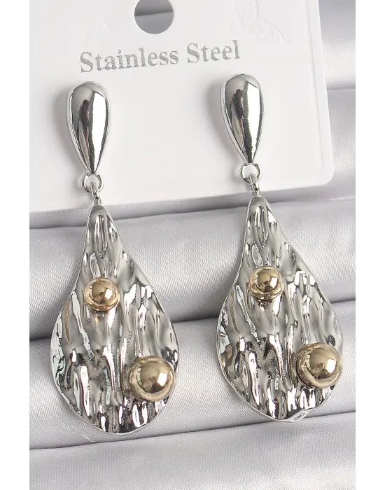  Gümüş Sallantı Damla Model Gold Topçuk Detay Çelik Küpe