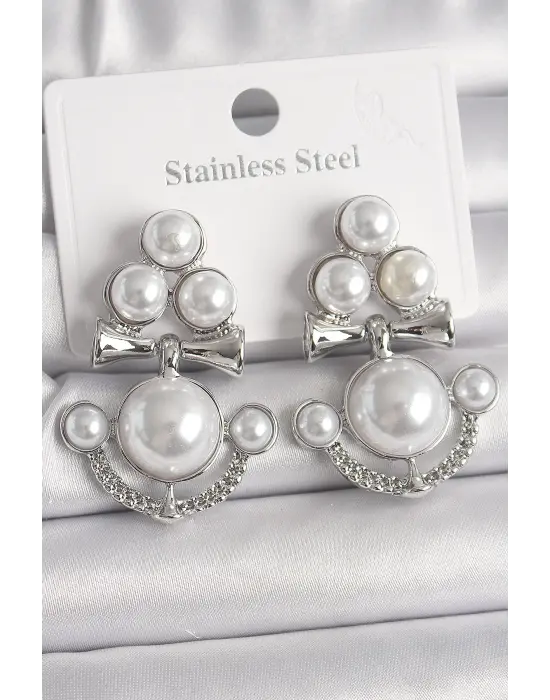 Gümüş Sallantı İncili Çapa Model Çelik Küpe