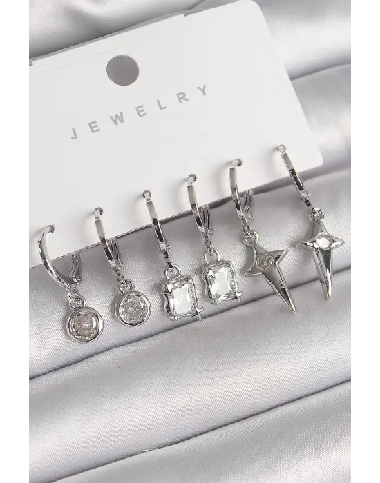  Gümüş Sallantı Kare Zirkon Taşlı Yıldız Model Çelik Küpe Seti