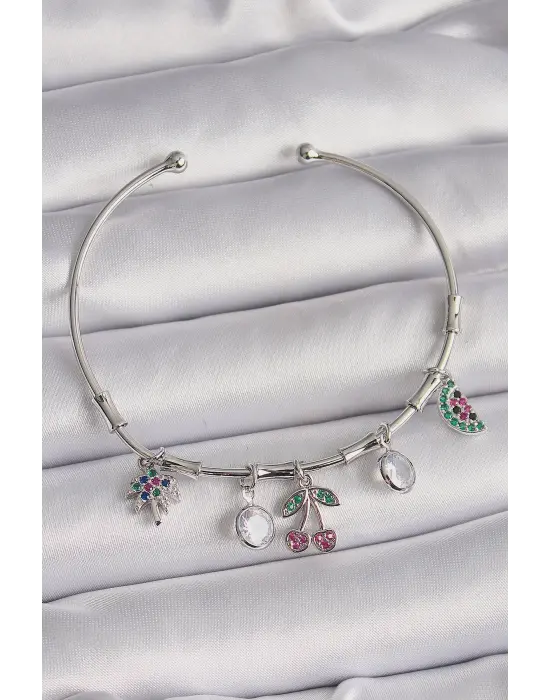 Pirinç Gümüş Renk Sallantı Kiraz Figür Ağaç Detay Charm Bileklik