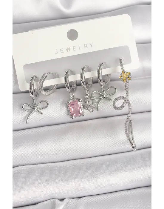 Pirinç Gümüş Renk Sallantı Kurdele Kuyruklu Yıldız Figür Pembe Kare Zirkon Taş Detay Kadın Küpe Seti