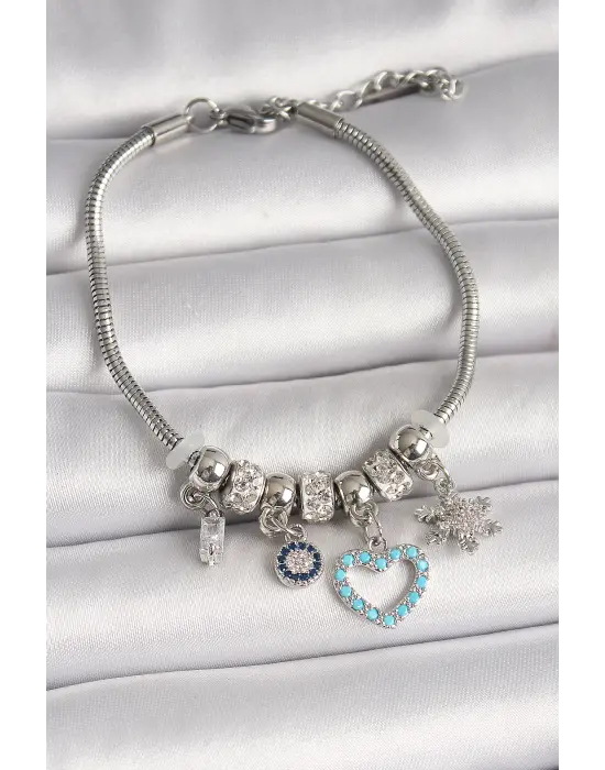 Pirinç Gümüş Renk Sallantı Mavi Taşlı Kalp Figür Zirkon Taşlı Kar Tanesi Detay Charm Kadın Bileklik
