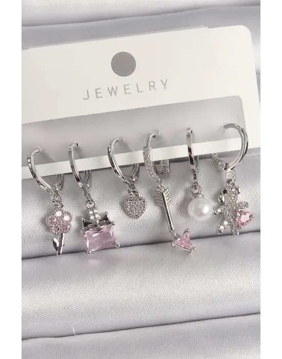  Gümüş Sallantı Pembe Zirkon Taşlı Çoklu Figür Çelik Küpe Seti