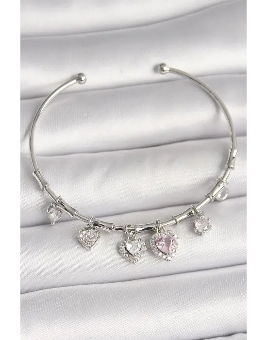 Pirinç Gümüş Renk Sallantı Pembe Zirkon Taşlı Kalp Model Charm Kadın Bileklik