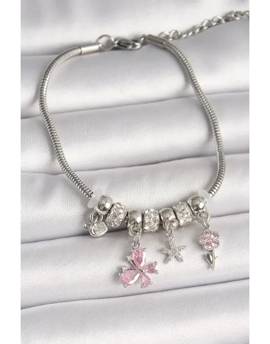 Pirinç Gümüş Renk Sallantı Pembe Zirkon Taşlı Kelebek Figür Çiçek Detay Charm Kadın Bileklik