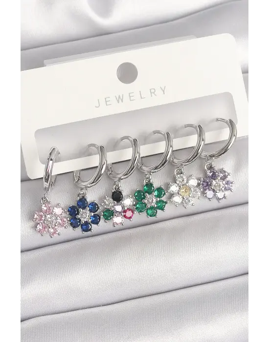 Pirinç Gümüş Renk Sallantı Renkli Zirkon Taşlı Çiçek Model Kadın Küpe Seti