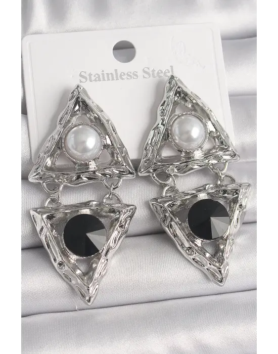  Gümüş Sallantı Üçgen Model İnci Detay Çelik Küpe