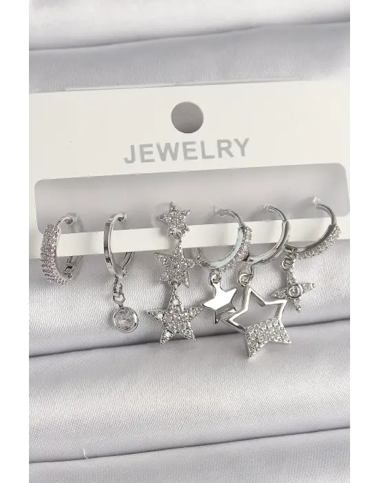 Gümüş Sallantı Yıldız Figür Çelik Küpe Seti