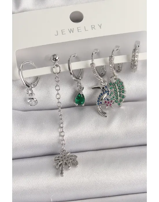  Gümüş Sallantı Zirkon Taşlı Ağaç Figür Çoklu Çelik Küpe Seti