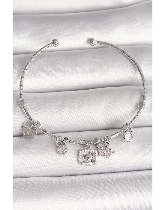 Pirinç Gümüş Renk Sallantı Zirkon Taşlı Ayıcık Figür Taç Detay Charm Kadın Bileklik