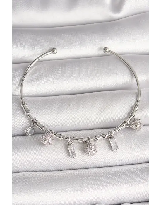 Pirinç Gümüş Renk Sallantı Zirkon Taşlı Çiçek Figür Charm Kadın Bileklik