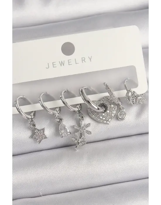  Gümüş Sallantı Zirkon Taşlı Çiçek Kalp Figür Çoklu Çelik Küpe Seti