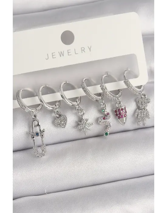  Gümüş Sallantı Zirkon Taşlı Çoklu Figür Çelik Küpe Seti