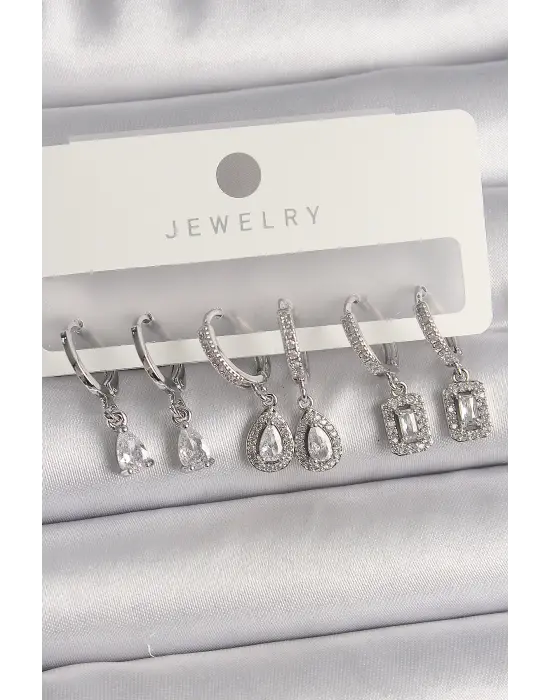  Gümüş Sallantı Zirkon Taşlı Damla Model Çelik Küpe Seti