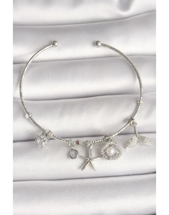Pirinç Gümüş Renk Sallantı Zirkon Taşlı Deniz Yıldız Figür Balık Kuyruğu Detay Charm Kadın Bileklik