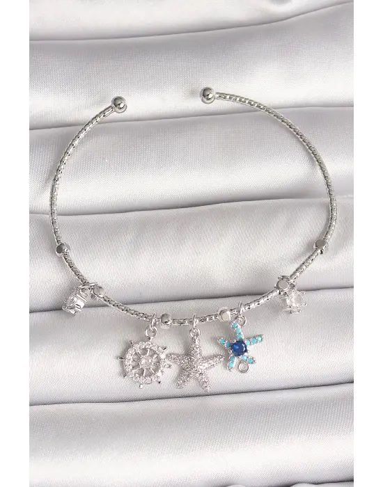 Pirinç Gümüş Renk Sallantı Zirkon Taşlı Deniz Yıldız Figür Charm Kadın Bileklik