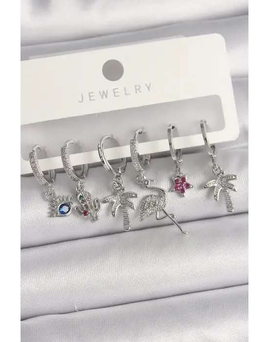 Gümüş Sallantı Zirkon Taşlı Deve Kuşu Figür Çoklu Çelik Küpe Seti