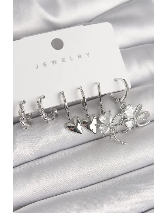  Gümüş Sallantı Zirkon Taşlı Düğüm Yonca Model Kalp Detay Çelik Küpe Seti