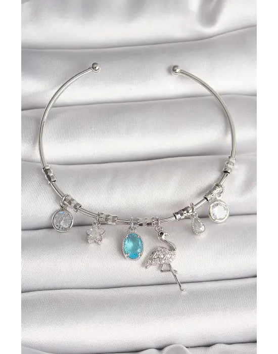 Pirinç Gümüş Renk Sallantı Zirkon Taşlı Filaminga Figür Charm Kadın Bileklik