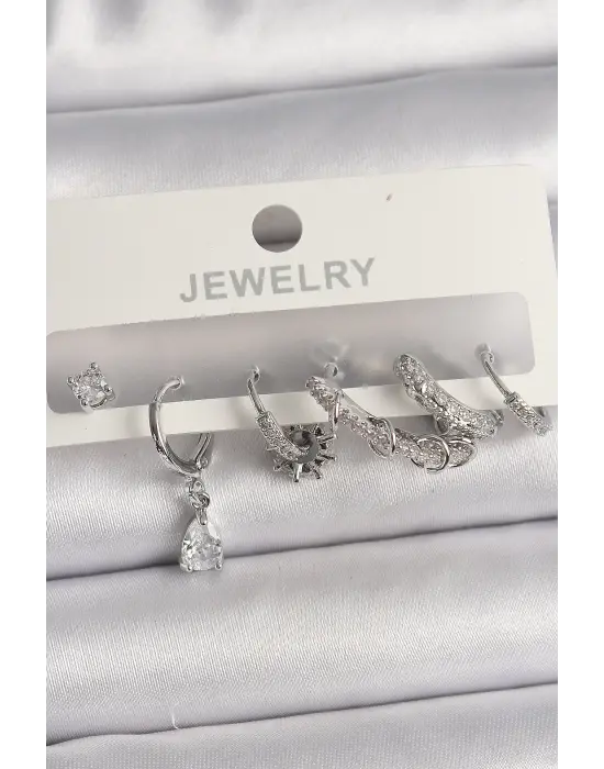  Gümüş Sallantı Zirkon Taşlı Halka Model Damla Taş Detay Çelik Küpe Seti